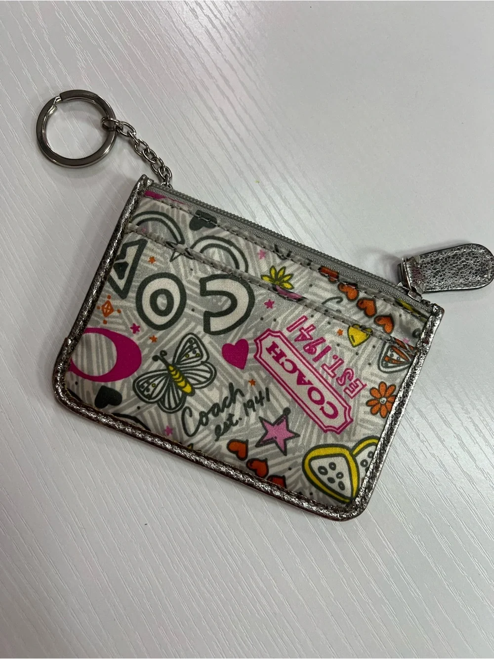 Coach Silver-Trim Poppy Graphic Card Case Keychain